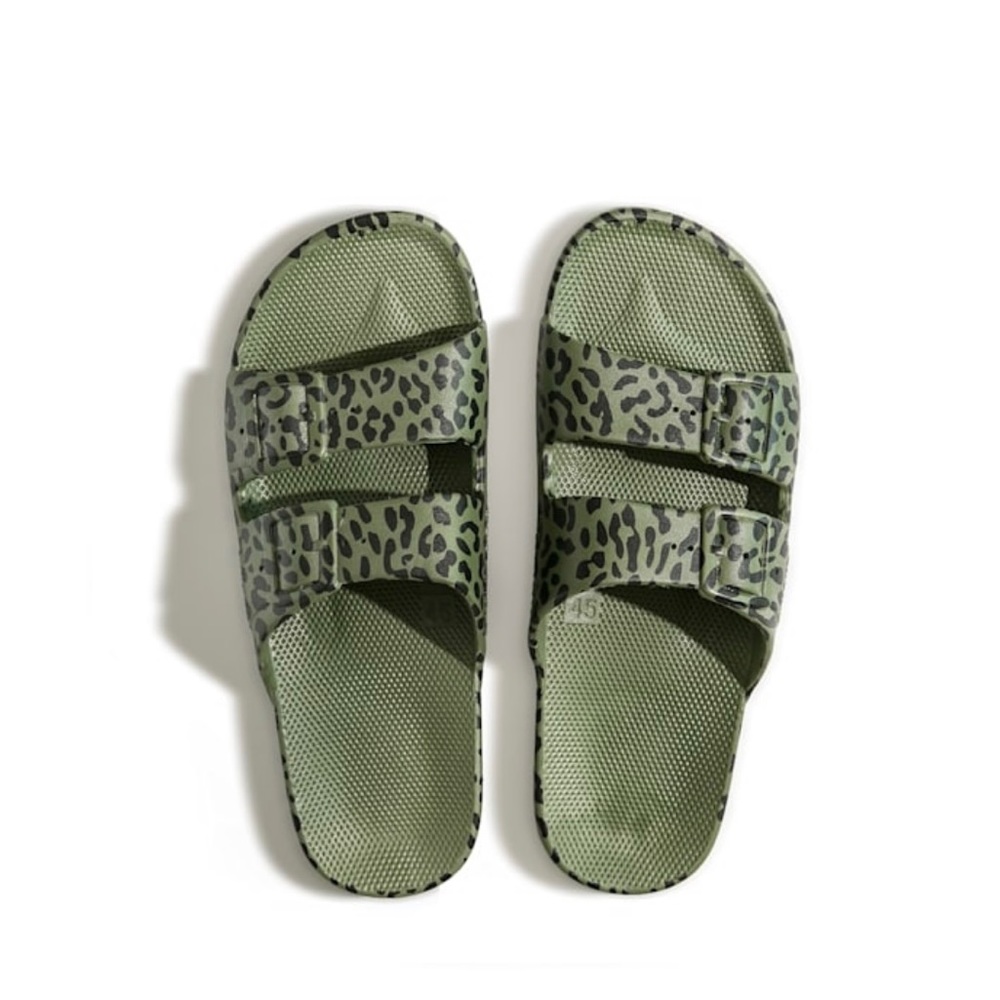 Freedom Moses Leo Cactus slides. Olive green with black leopard spots.